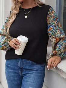 SHEIN LUNE Plus Paisley Print Lantern Sleeve Textured Tee - Black - View 4