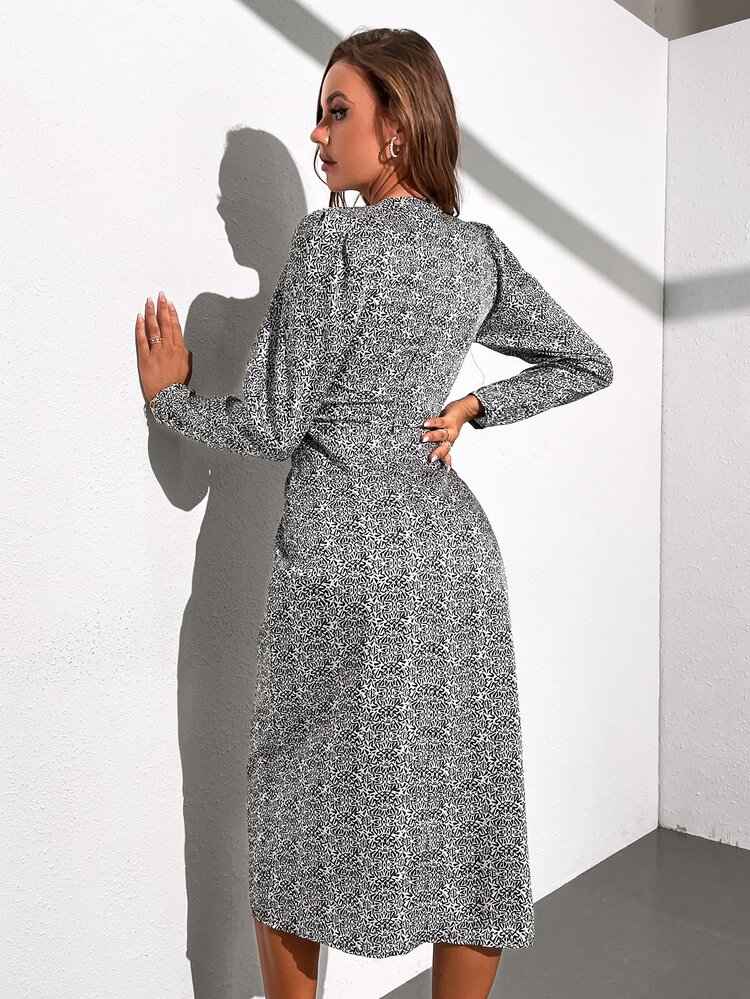 Allover Print Wrap Hem Dress Fall Cloth For Women