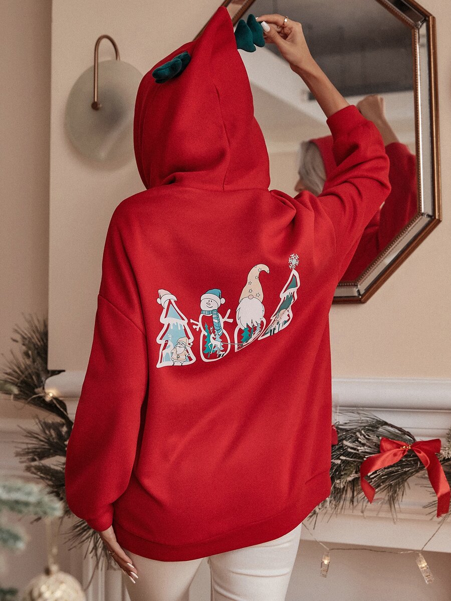 Christmas Print Kangaroo Pocket Drawstring Oversized Hoodie - Red - View 1