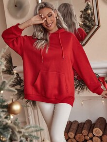 Christmas Print Kangaroo Pocket Drawstring Oversized Hoodie - Red - View 2