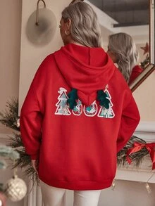 Christmas Print Kangaroo Pocket Drawstring Oversized Hoodie - Red - View 3