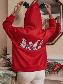 Christmas Print Kangaroo Pocket Drawstring Oversized Hoodie - Red - View 4