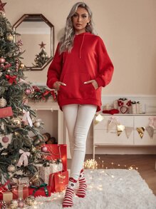 Christmas Print Kangaroo Pocket Drawstring Oversized Hoodie - Red - View 5