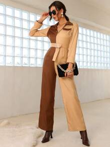 Modelyn Two Tone Belted Shirt Jumpsuit - Multicolor - View 1
