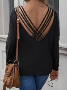 大碼素色圓領T恤 - 黑色 - 查看 1