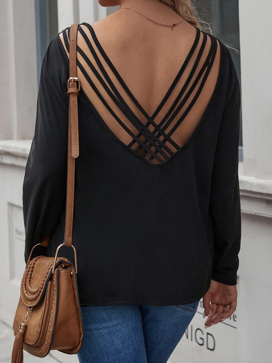 大碼素色圓領T恤 - 黑色 - 查看 1