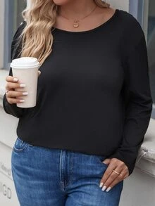 大碼素色圓領T恤 - 黑色 - 查看 2