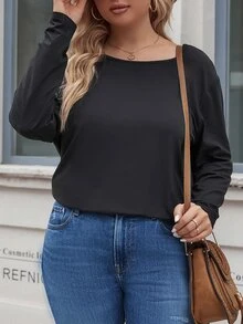 大碼素色圓領T恤 - 黑色 - 查看 3