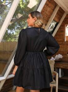 Plus Lantern Sleeve Ruffle Hem Dress - Black - View 2