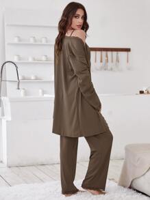 SHEIN 3件套蕾丝边吊带背心、裤子和系带睡袍家居服套装，舒适保暖，秋冬服装 - 摩卡棕 - 查看 3