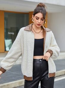 SHEIN 落肩袖珊瑚絨夾克 - 杏色 - 查看 1