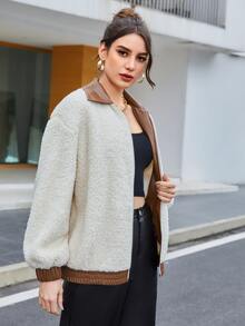 SHEIN 落肩袖珊瑚絨夾克 - 杏色 - 查看 3