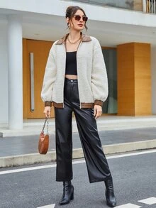 SHEIN 落肩袖珊瑚絨夾克 - 杏色 - 查看 4