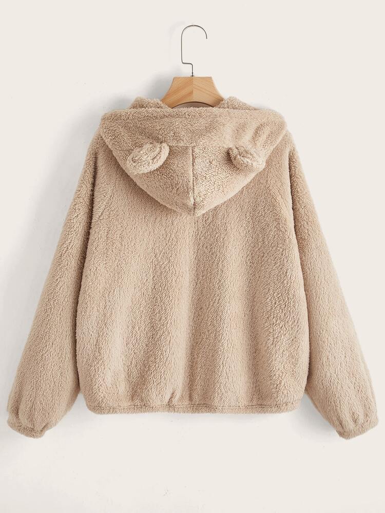 Mulvari Raglan Sleeve Teddy Hoodie With 3D Bear Ears - Apricot - View 2