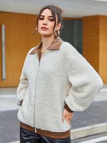 SHEIN 落肩袖珊瑚絨夾克 - 杏色 - 查看 5