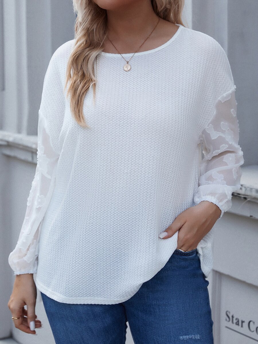大碼網紗拼接燈籠袖華夫格編織T恤 - 白色 - 查看 1