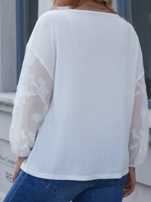 大碼網紗拼接燈籠袖華夫格編織T恤 - 白色 - 查看 2