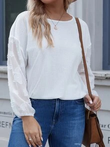 大碼網紗拼接燈籠袖華夫格編織T恤 - 白色 - 查看 3