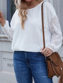 大碼網紗拼接燈籠袖華夫格編織T恤 - 白色 - 查看 4