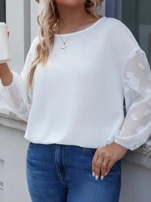 大碼網紗拼接燈籠袖華夫格編織T恤 - 白色 - 查看 5