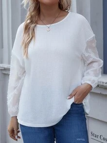 大碼網紗拼接燈籠袖華夫格編織T恤 - 白色 - 查看 6