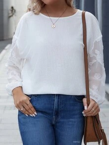 大碼網紗拼接燈籠袖華夫格編織T恤 - 白色 - 查看 7