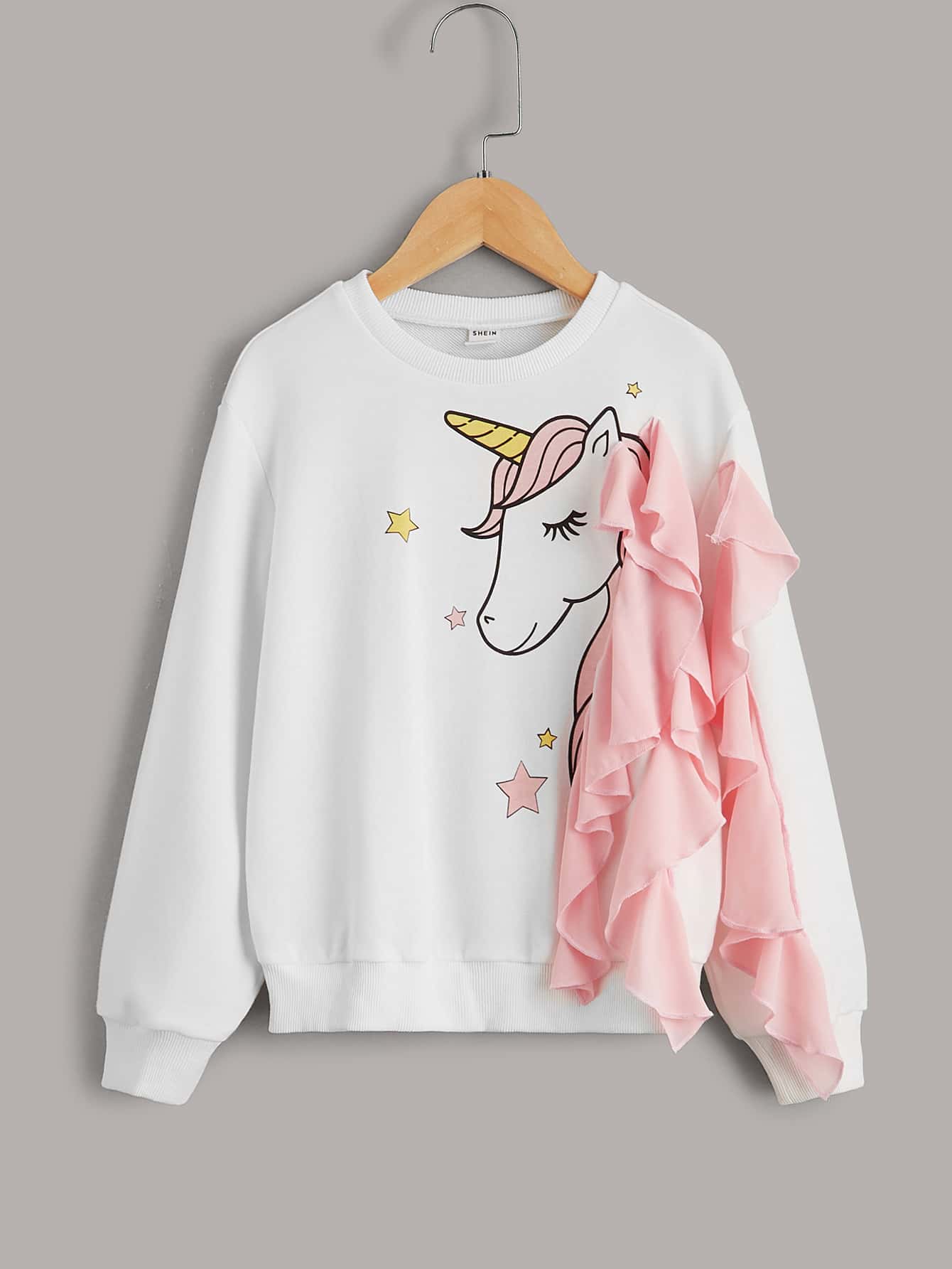 SHEIN Girls Unicorn Print Ruffle Trim Pullover - White - View 1
