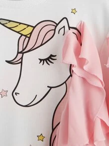 SHEIN Girls Unicorn Print Ruffle Trim Pullover - White - View 3
