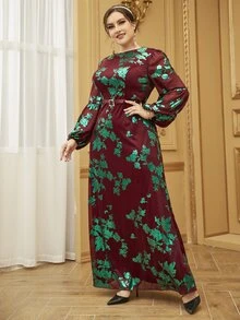 Đầm Plus Size Thắt lưng Dây kéo Hoa Hấp dẫn - Màu Đỏ Sâu - Xem 3