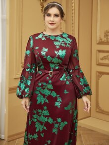 Đầm Plus Size Thắt lưng Dây kéo Hoa Hấp dẫn - Màu Đỏ Sâu - Xem 4