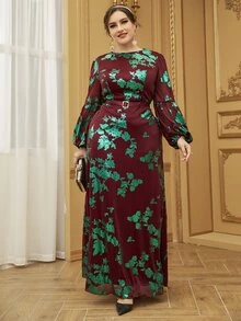 Đầm Plus Size Thắt lưng Dây kéo Hoa Hấp dẫn - Màu Đỏ Sâu - Xem 6