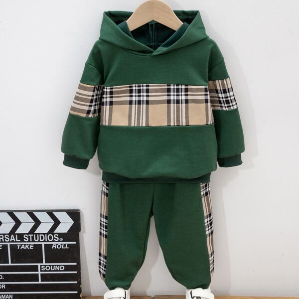 

Toddler Boys Plaid Panel Drop Shoulder Hoodie & Sweatpants, Dark green