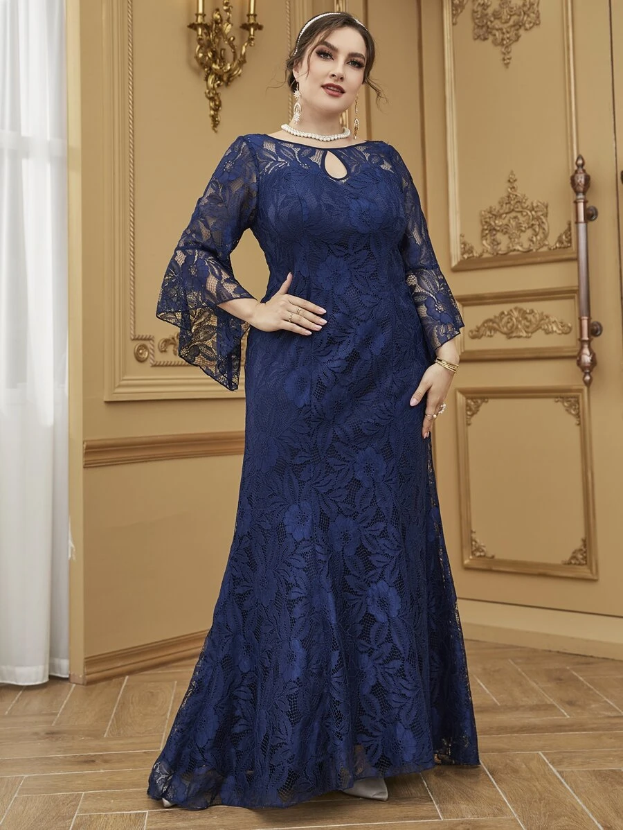 Modelyn Plus Keyhole Neck Flounce Sleeve Maxi Lace Prom Dress - Navy Blue - View 1