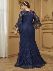 Modelyn Plus Keyhole Neck Flounce Sleeve Maxi Lace Prom Dress - Navy Blue - View 2