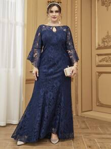 Modelyn Plus Keyhole Neck Flounce Sleeve Maxi Lace Prom Dress - Navy Blue - View 3