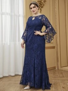 Modelyn Plus Keyhole Neck Flounce Sleeve Maxi Lace Prom Dress - Navy Blue - View 4