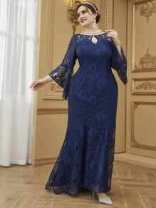 Modelyn Plus Keyhole Neck Flounce Sleeve Maxi Lace Prom Dress - Navy Blue - View 6