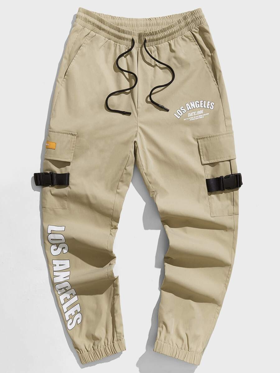 Manfinity RebelGame Quần Nam Dây kéo Túi Slogan Đường phố - Màu Khaki - Xem 1
