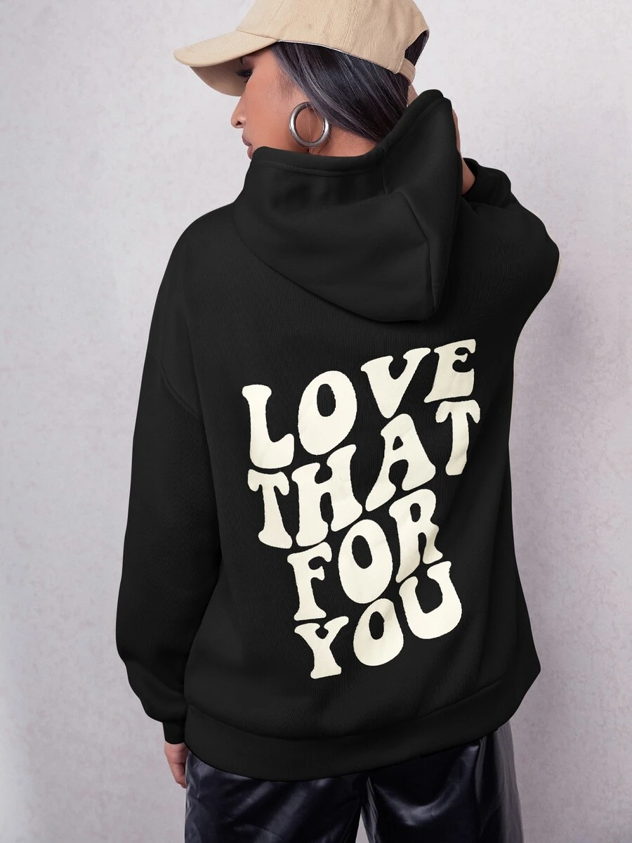 Hoodie Đồ họa Khẩu hiệu Thả vai Dây rút - màu đen - Xem 1