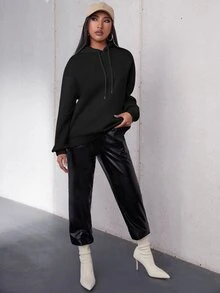 Hoodie Đồ họa Khẩu hiệu Thả vai Dây rút - màu đen - Xem 4