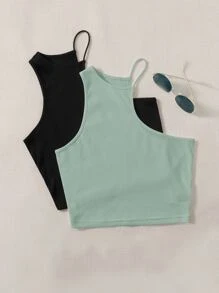 Muchica 2pcs Solid Asymmetric Neck Halter Top - Multicolor - View 1