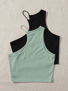 Muchica 2pcs Solid Asymmetric Neck Halter Top - Multicolor - View 2