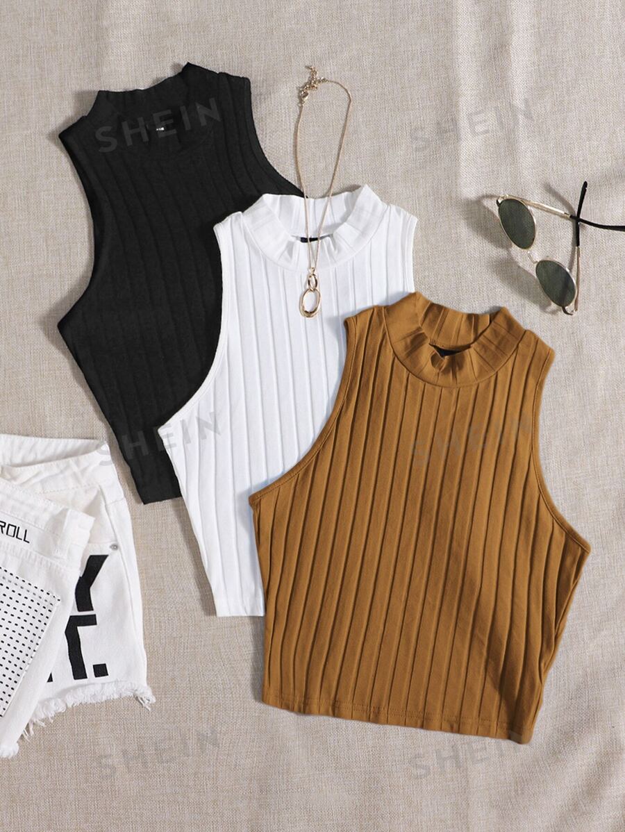 SHEIN EZwear 3 Paquetes de Camiseta de Punto Acanalado con Cuello Alto - Multicolor - Ver 1