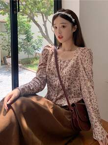 小碎花泡泡袖前紐扣襯衫 - 杏色 - 查看 3