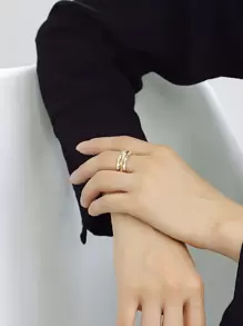 Charm-In 18K 镀金铜 3 层竹结戒指，镶嵌锆石，适合女士、婚礼/生日/圣诞节礼物 - 金黃色 - 查看 5