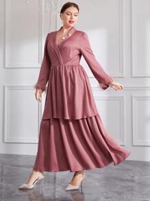 Modelyn Plus Shawl Collar Fuzzy Cuff Layered Hem Dress - Dusty Pink - View 1