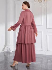 Modelyn Plus Shawl Collar Fuzzy Cuff Layered Hem Dress - Dusty Pink - View 2