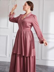 Modelyn Plus Shawl Collar Fuzzy Cuff Layered Hem Dress - Dusty Pink - View 3