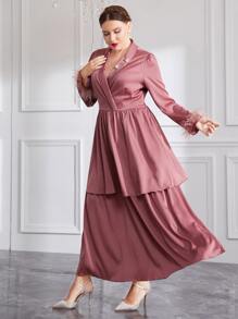 Modelyn Plus Shawl Collar Fuzzy Cuff Layered Hem Dress - Dusty Pink - View 4