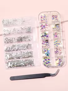 2packs Rhinestone Nail Art Decoration & 1pc Tweezers - Multicolor - View 1
